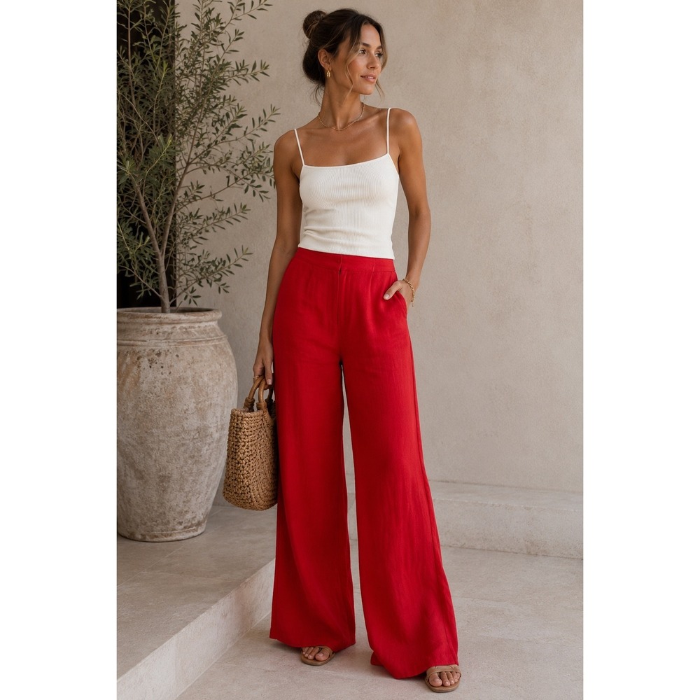 Zara Basic Red Linen Blend Wide Leg Trousers High Waisted Pants XS Made in Spain